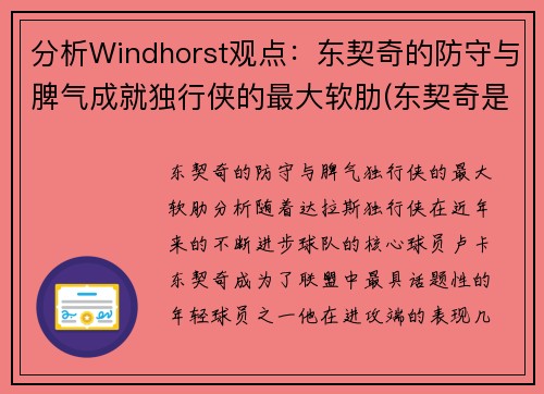 分析Windhorst观点：东契奇的防守与脾气成就独行侠的最大软肋(东契奇是怎么交易到独行侠)