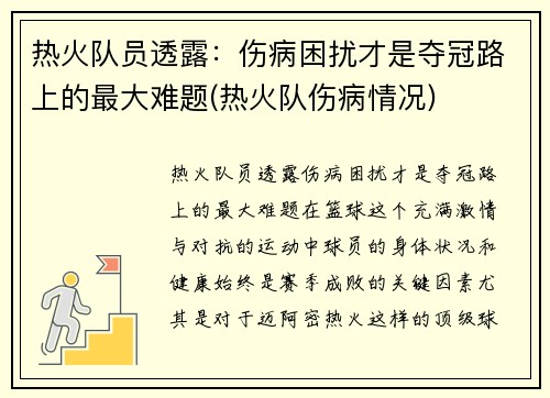 热火队员透露：伤病困扰才是夺冠路上的最大难题(热火队伤病情况)