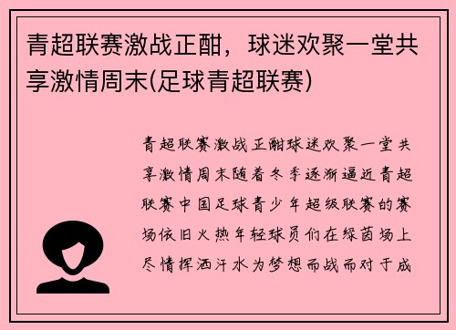 青超联赛激战正酣，球迷欢聚一堂共享激情周末(足球青超联赛)